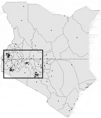 Figure A1. GPS points of the survey area (circles) and cities and towns (diamonds).  Source: own construction.