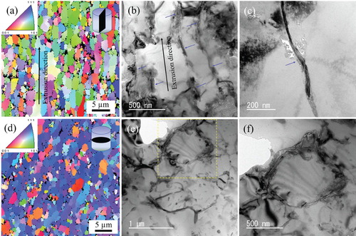 Figure 2. Microstructures of the 0.26 vol.% FLM/Al composite in the (a-c) longitudinal and (d-f) transverse cross-sections: (a, d) EBSD-IPF maps; (b, c, e, f) TEM images. (f) is taken from the yellow square in (e).