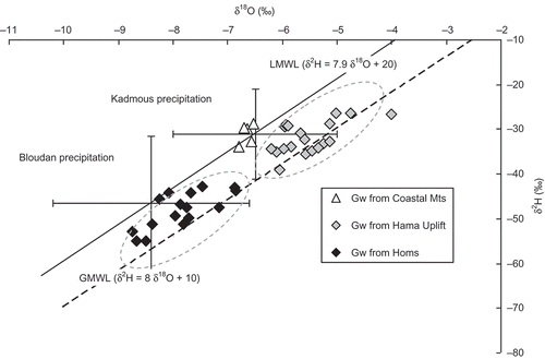 Fig. 6 δ18O–δ2H diagram of groundwater samples from the Upper Cretaceous aquifer in the Orontes basin. The mean and standard deviations of the δ values of the rainwater collected at the monitoring stations Bloudan and Kadmous are also shown.