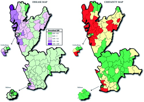 Figure 2. Disease map along with statistical certainty map showing geographic variation in primary invasive cutaneous malignant melanoma over 119 residential areas within the southern and western health care regions in Sweden (data from 2004–2013; range of expected number of cases across the areas: 15.2–361.6). The certainty map visualizes the posterior probabilities based on the hierarchical Bayes-smoothed standardized incidence ratios, SIR [elevated incidence area, i.e. Pr(SIR > 1|data) > 0.80, colored red; lowered incidence area, i.e. Pr(SIR < 1|data) > 0.80, colored green; the remaining areas colored yellow]. The thicker borderlines demarcate the western and southern health care regions. The two metropolitan areas with 10 districts each are enlarged.