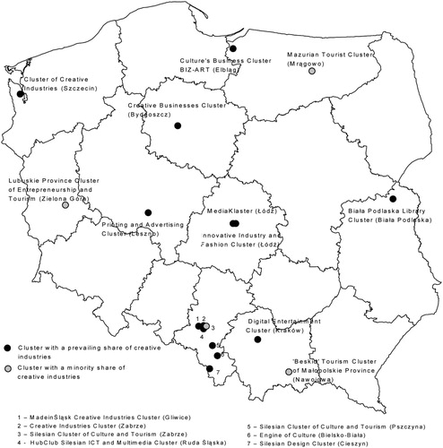 Figure 1. Location of clusters involved in creative industries in Poland.Note: The town where the cluster’s head office is located is given in parentheses.Source: Author’s own study.