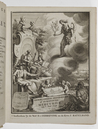 FIGURE 2 Frontispiece of the 1749 Europische Mercurius volume, showing Dutch Liberty, who receives bay leaves from the goddess of Peace because of the Treaty of Aix-la-Chapelle. A few putti hold a picture of the building that was used for the fireworks in The Hague that celebrated the 1748 peace. Engraving by Jan Caspar Philips. Copy University of Groningen Library (photograph Dirk Fennema, Haren, The Netherlands).