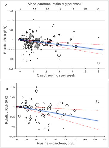 Figure 6. A, B. Dose–response analyses with estimated RRs for cancer risks by doses of carrot (open circles)/α-carotene (hatched circles) intake in 33 studies (a), and plasma α-carotene in 17 studies (B). the solid line represents the estimated relative risks, and the dotted lines the 95% confidence intervals. The diameter of each data point is proportional to the weight of the corresponding data point in the analysis.