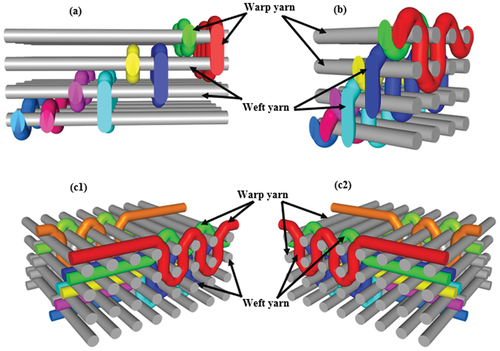 Figure 1. Cross-sectional views of the orthogonal layer-to-layer (a) warp interlock, (b) weft interlock, (c1) warp wise cross-section of bidirectional interlock, and (c2) weft wise cross-section of bidirectional interlock.