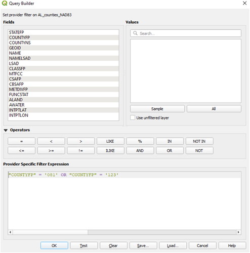 Figure 69. The Filter is used to restrict the features to those that meet the query (by the SQL where clause “COUNTYFP” = 081 OR “COUNTYFP” = 123).