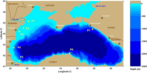 Figure 1. Bathymetry of the Black Sea (from General Bathymetric Chart of the Oceans – GEBCO) and location of points P1–P7.