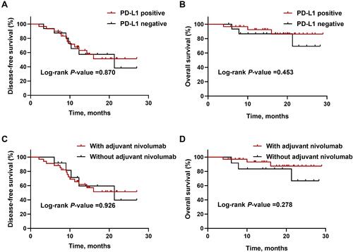 Figure 3 Kaplan-Meier survival curves stratified by PD-L1 expression or adjuvant nivolumab. (A and B) Disease-free survival (A) and overall survival (B) based on PD-L1 expression. (C and D) Disease-free survival (C) and overall survival (D) based on adjuvant nivolumab.