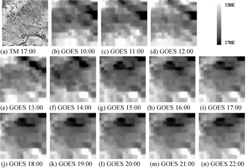 Figure 7. The actual Landsat LST and GOES LST. (a) is the Landsat LST observed on 4 September 2010; and (b)–(n) are the GOES LSTs observed between 10:00 and 22:00 UTC time during 4 September 2010.