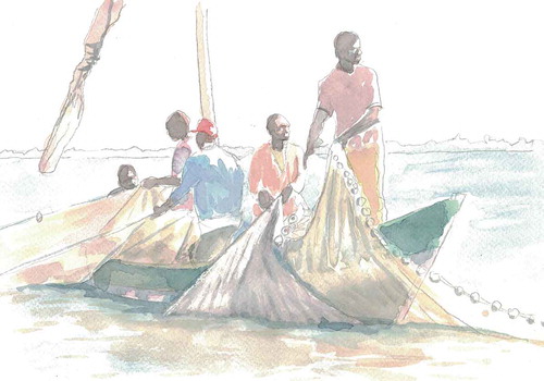 Tanzanian fishermen hauling the ring net