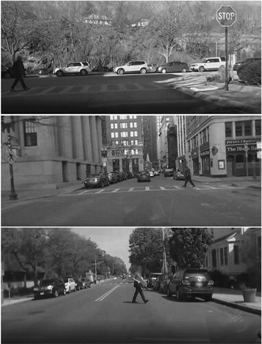 Figure 2. Examples of driver-pedestrian interactions at a protected intersection with a stop sign (top), a designated crossing (middle), and undesignated crossing (bottom).