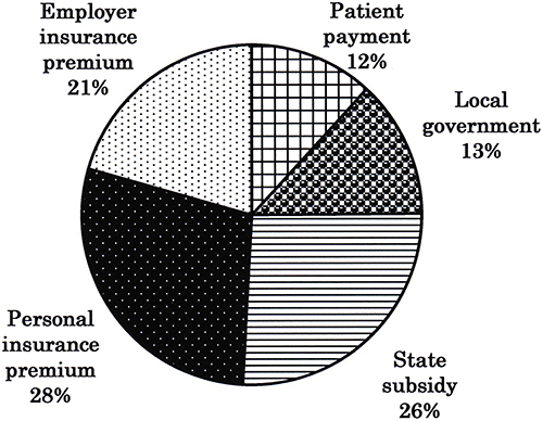 Figure 1 Distribution of payment sources for national medical expenses in Japan in 2014. In 2014, total medical expenses amounted to JPY 40.8071 trillion, with the burden of payment distributed as follows: 11.7% borne by patient counter payment, 13.0% covered by the local government, 25.8% supported by the state subsidy, 28.3% borne by the personal insurance premium, and 20.5% funded by the employer insurance premium.