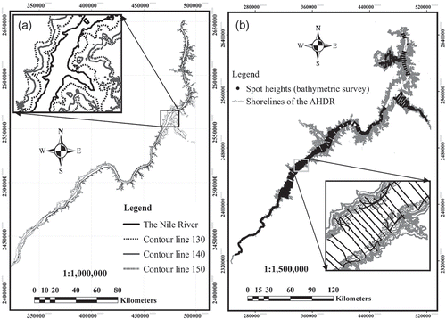 Figure 5. (a) Digital contour map of the AHDR area before the dam construction based on data from MWRI. (b) Bathymetric survey data and boundaries of the AHDR extracted from satellite images for the period 1984–2013.