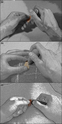 Figure 10. Reconstructed use of groundstone artifacts found at Feuersteinacker. (a) Retouching of an edge by striking. (b) Creation of a notch as part of the microburin technique. (c) Retouching of an edge by applying pressure. (Figure: T. Hess).