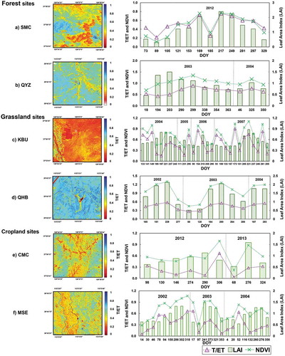 Figure 12. Spatial variations of T/ET for growing season in sites: SMC (DOY = 153), QYZ (DOY = 203), KBU (DOY = 189), QHB (DOY = 181), CMC (DOY = 130), MSE (DOY = 158) are in left panel, whereas, the time series of T/ET at flux tower location are shown on right panel