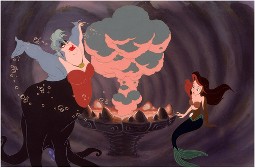 The Little Mermaid (1989). Directed by Ron Clements. Shown from left: Ursula (voice of Pat Carroll), Ariel (voice of Jodi Benson).