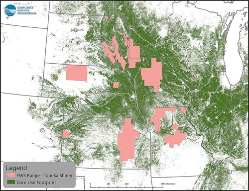 Figure 23. Distribution of counties with the species-range for Topeka shiner (Notropis topeka) overlapping by >0.95% with corn land-use