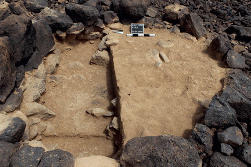 Fig. 6. Excavated dwelling with grinding slabs in the roof debris (indicated by arrow) (© B. Müller-Neuhof—DAI-Orientabteilung).