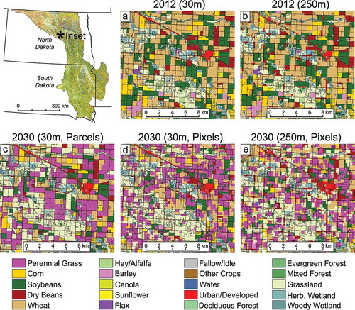 Figure 4. A final model run for a portion of the ecoregion in central North Dakota. The five panels represent starting land cover in 2012 (both 30-m (A) and 250-m (B) resolution), the new parcel-based, 30-m resolution model for 2030 (C), the old, pixel-based, 30-m resolution model for 2030 (D), and the old, pixel-based, 250-m resolution model for 2030 (E).