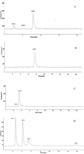Figure 1. Typical chromatogram obtained when using eluent containing 40 mmol L−1 NH4H2PO4 pH 4.48 (A), 40 mmol L−1 NH4Ac at pH 6.94 (B), 40 mmol L−1 NH4NO3 at pH 5.18 (C) and 40 mmol L−1 (NH4)2HPO4 at pH 6.00 (D). The mixed standard concentration of SeCys 118.2 μg L−1, Se(IV)85.8 μg L−1, SeMet 88.7 μg L−1, Se(VI) 83.0 μg L−1 determined by HPLC-HG-UV-AFS. The optimized operational conditions for HG-AFS as described in Table 1. Note: HPLC, high-performance liquid chromatography; HG-AFS, hydride generation atomic fluorescence spectrometry.