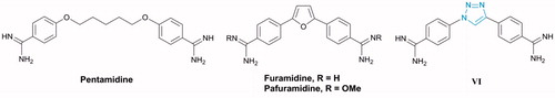 Figure 2. Aromatic amidines and 1,4-diphenyl-1,2,3-triazole amidine VI as anti-HAT agents.