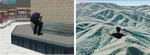 Figure 4. Collision between the VR viewpoint and virtual scenes: (a) the VR viewpoint goes into a wall because the obstruction of the wall is not considered; (b) the VR viewpoint is gradually covered by a mountain because the topographic relief is not considered.