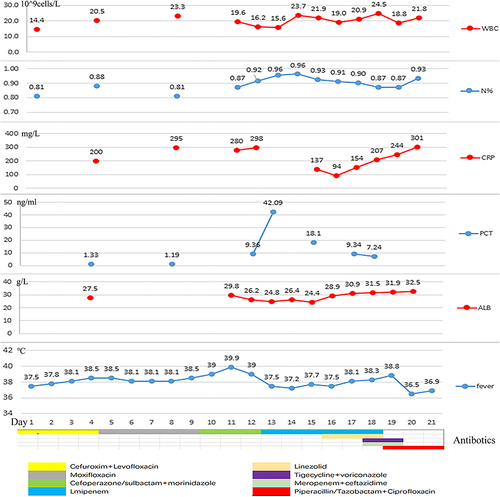 Figure 3 During hospitalization, the changes of body temperature, inflammatory indicators (including white blood cell count, neutrophil percentage, C-reactive protein, procalcitonin), nutritional status (plasma albumin), and antibiotic regimen adjustment process.