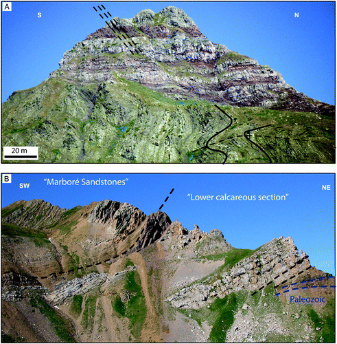 Figure 3. (A) Unconformable contact near Campo de Troya, Eastern border of the Anayet basin between red Permian rocks and Carboniferous in ‘Culm’ facies. The axial trace of F1 variscan folds is indicated in the ‘Culm’ facies and the alpine cleavage in Permian rocks. Coordinates: 42° 45′ 33″N; 0° 24′ 60″ O. (B) Contact between the Devonian slates of the Axial Zone and the Cretaceous series of the Sierras Interiores (SPZ). Coordinates: 42° 41′ 26″; N 0° 16′ 14″ O. Width: 100 m.