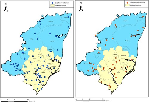 Figure 7. The distribution of settlements and their relationship with the boundary of the Wicklaw hundreds (a territorial unit comprising the hundreds of Carlford, Colneis, Loose, Plomesgate, Wilford and the half-hundred of Parham). Left, Early Saxon settlements, Right Middle Saxon. © Crown copyright and database rights 2023 Ordnance Survey (100025252). Drawn by author using hundred boundary data from S. Brookes, Atlas of Early Medieval England, 2020. https://doi.org/10.5284/1058999.