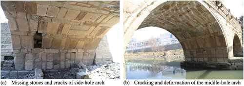 Figure 15. Current situation of the arches. (a) Missing stones and cracks of side-hole arch. (b) Cracking and deformation of the middle-hole arch.