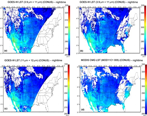 Figure 6. (a) GOES-W (3.9 + 11 µm), (b) GOES-E (3.9 + 11 µm), (c) GOES-W (11 + 12 µm), and (d) MODIS LST for nighttime composite according to MODIS viewing time on 14 April 2004.