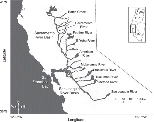 FIGURE 1. Map of the Central Valley, California, showing locations of the Sacramento and San Joaquin River basins and major salmon-bearing tributaries.