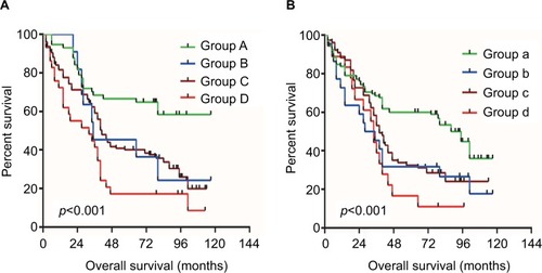 Figure 3 Kaplan–Meier curve of joint-effects analysis in HBV-associated HCC.Notes: (A) OS stratified by VCAN haplotypes and tumor size cut-off by 5 cm; (B) OS stratified by VCAN haplotypes and tumor capsule complete or not.Abbreviations: HBV, hepatitis B virus; HCC, hepatocellular carcinoma; OS, overall survival; VCAN, versican.