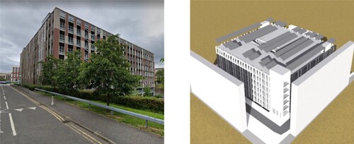 Figure 9. Duke St car park (Image: Google street view) and rendered image of the ESP-r Duke St Car Park model with roof-mounted PV arrays and shading from surrounding buildings.