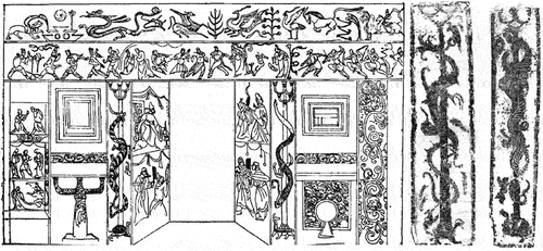 Figure 11. Dragon-wrapped columns in the late Eastern Han dynasty pictorial stone tomb, excavated in 1973 in Haining County. Image source: Left: (Zhang Citation2002, 72); Right: (Pan Citation1983, 13–14).