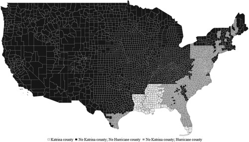 Figure 2 Counties affected by hurricanes and hurricane Katrina during the third quarter of 2005.Note: Figure 2 presents a map chart of counties affected by hurricane Katrina (colored in light gray, 179 counties, 21,655 bank-quarter observations), counties not affected by hurricane Katrina without hurricane events in the FEMA dataset during the 10 years prior to Hurricane Katrina (colored in black, 2367 counties, 355,414 bank-quarter observations), and counties not affected by hurricane Katrina with at least 1 hurricane event in the FEMA dataset during the 10 years prior to Hurricane Katrina (colored in dark gray, 689 counties, 68,855 bank-quarter observations).