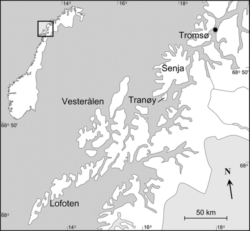 Figure 1. Survey map of the studied island of Tran⊘y, Troms county, northern Norway.