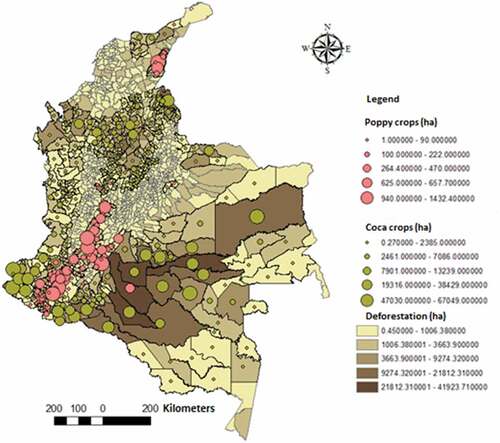 Figure 3. Deforestation, coca cops, and poppy crops in Colombia between 2010 and 2013.