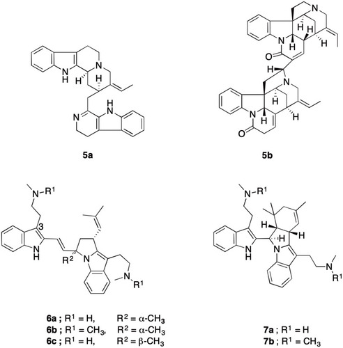 Figure 3 Chemical structures of dihydrousamabarensine (5a), isosungucine (5b), flinderoles A–C (6a–6c), isoborreverine (7a) and dimethylisoborreverine (7b).