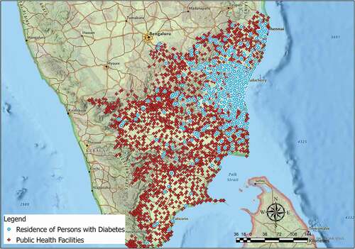 Figure 2. The spatial distribution of public health facilities and the residence of persons with diabetes (N = 2261)