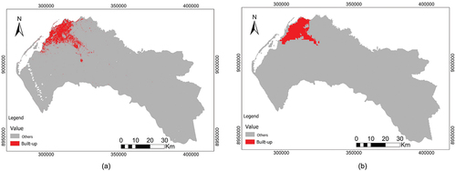 Figure 11. (a) Built-up map 2008, (b) Built-up map 2009 based on Envisat Meris (Arino et al. Citation2012).