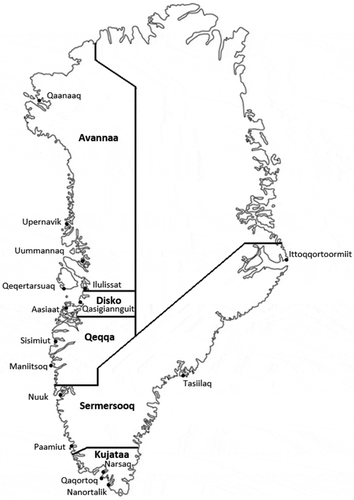 Figure 1. Five health care regions in Greenland and towns with local health care clinics.
