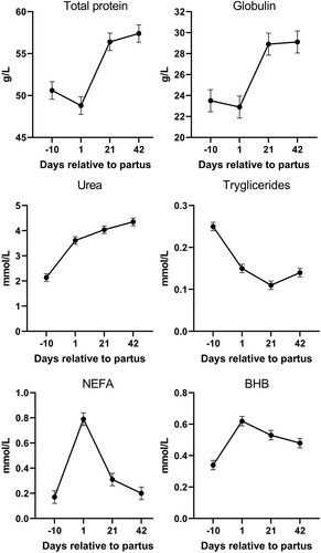 Figure 2. Protein and energy parameters in plasma of dairy cows during the experimental period (NEFA – non-esterified fatty acids; BHB – β-hydroxybutyrate).