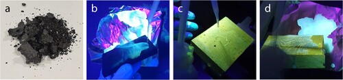Figure 2. (a) Material from the pre-reaction between citric acid and urea. Under UV-light: water running over the surface of a specimen pressure impregnated and heat-treated (b), treated with MF-based coating (c) and water-based coating (d), both coatings containing pre-reacted citric acid and urea.