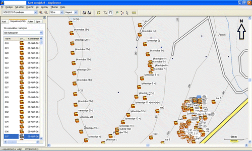 Fig. 1.  Screen dump of the results from one of the groups that had recorded the most waypoints (after being motivated by the promise of a reward) Note the cluster of points in the lower right corner of the map. Image reproduced with the kind permission of Garmin.