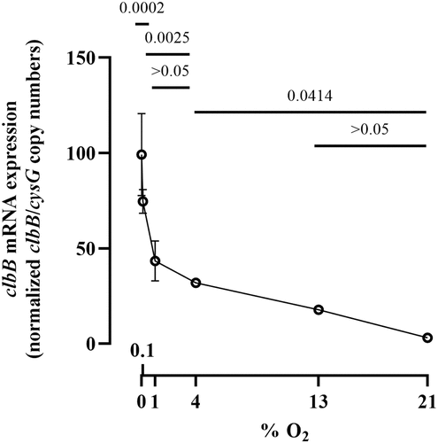 Figure 5. Effect of oxygen concentration on clbB gene expression. The mRNA levels of clbB gene were determined in E. coli SP15 grown 3.5 h at specified percentages of oxygen. The DNA copy number of the clbB mRNA relative to that of the cysG housekeeping gene was normalized to the mean maximum level. The mean and standard error of three independent cultures are shown, with the p values of an ANOVA and Tukey’s multiple comparison test. The error bars of the biological triplicate samples at O2>=4% are too small to appear on the graph.