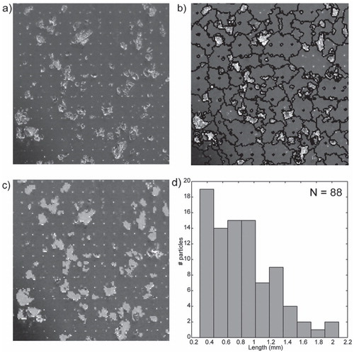 FIGURE 4. Examples of the image analysis processes: (a) raw image, which has been cropped to reduce size and increase particle visibility; (b) image after segmentation; (c) the segmented image after classification identifying segments corresponding to particles; and (d) resulting distribution from the classified image (note that the distribution shape is poor due to the low number of particles (N = 88) in the sample image.