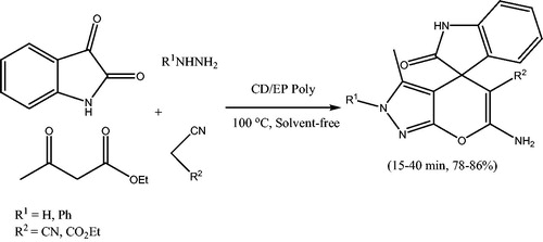 Scheme 118. Synthesis of spiro[indoline-3,4′-pyrano[2,3-c]pyrazole] derivatives using β-CD/EP polymer.