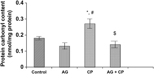 Figure 3. PCo in the kidneys of AG-treated rats and CP-treated rats. Data represent mean ± SD of 5–7 rats. *P < 0.01 vs. control, #P < 0.002 vs. AG, $P < 0.002 vs. CP.