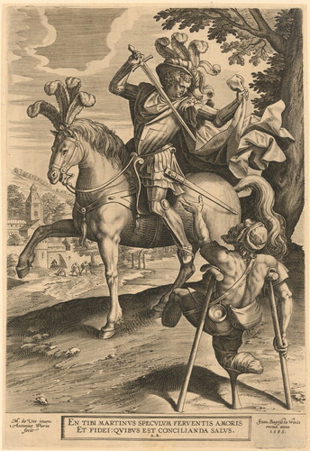Figure 10. Anton Wierix, after Martin de Vos’s design, ‘Martin de Tours cutting his cloak.’ 1581. Engraved print on paper. Photo courtesy of the Albertina Library, Vienna.