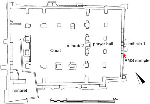 Figure 10. Plan of the congregational mosque (ZUL002), after Abdussaid (Citation1979) with the position of the AMS sample (OxA-26744) marked.